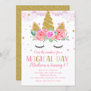 Unicorn Birthday Party Gold Glitter Flowers Invitation
