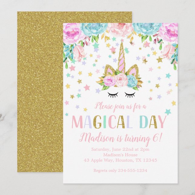 Unicorn Birthday Party Gold Glitter Flowers Stars Invitation (Front/Back)