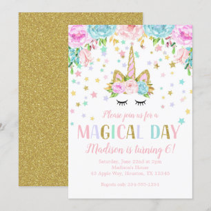 Unicorn Birthday Party Gold Glitter Flowers Stars Invitation