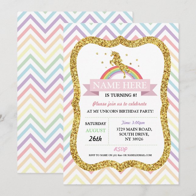 Unicorn Birthday Party Gold Glitter Rainbow Invitation (Front/Back)