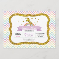Unicorn Birthday Party Gold Glitter Rainbow Invite