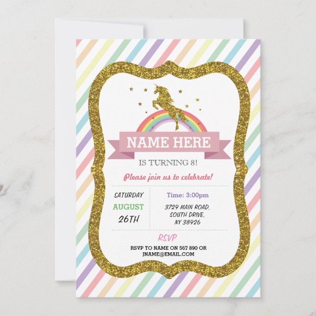 Unicorn Birthday Party Gold Glitter Rainbow Invite (Front)