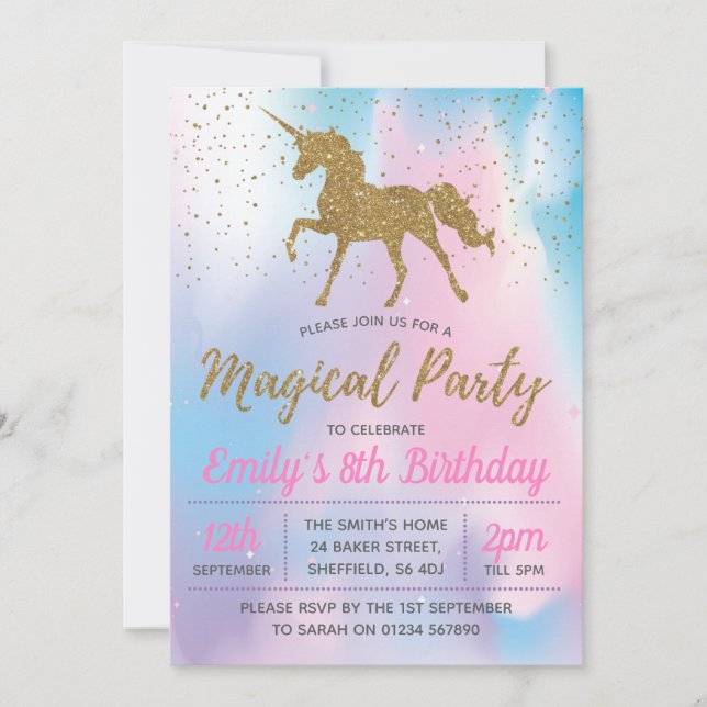 Unicorn birthday party invitation (Front)