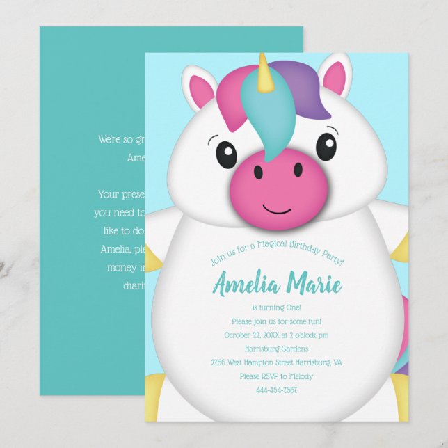 Unicorn Birthday Party Invitation (Front/Back)