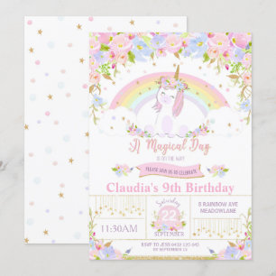 Unicorn Birthday Party Invitation Floral Rainbow