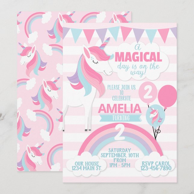 Unicorn Birthday Party Invitation Invite (Front/Back)
