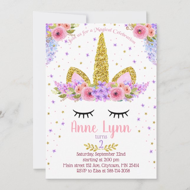 Unicorn Birthday party invitation purple and pink (Front)