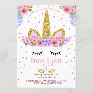 Unicorn Birthday party invitation purple and pink