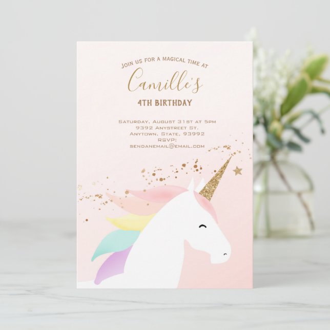 Unicorn birthday party invitation rainbow modern (Standing Front)