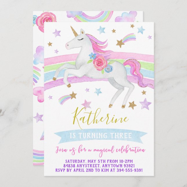 Unicorn birthday party invitation rainbows unicorn (Front/Back)