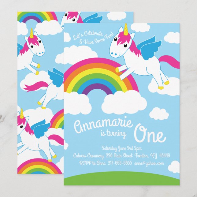 Unicorn Birthday Party Invitations (Front/Back)