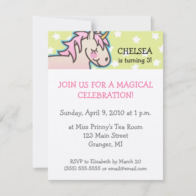 Unicorn Birthday Party Invitations 4.25 in (Front)