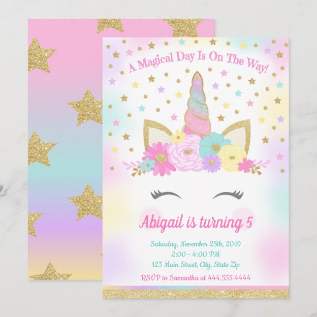 Unicorn Birthday Party Magical Rainbow Unicorn Inv Invitation (Front/Back)