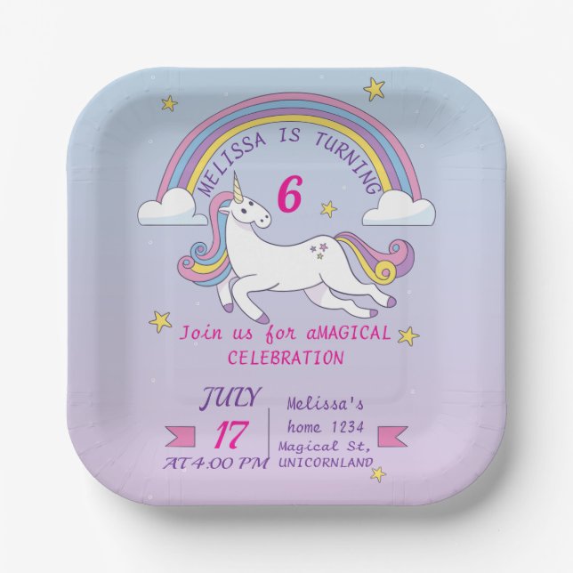 Unicorn Birthday Party Paper Plate for Girls (Front)