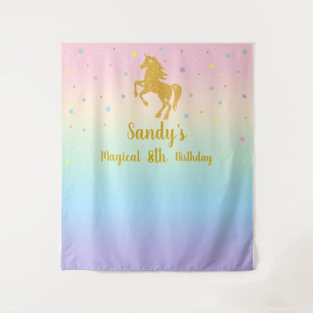 Unicorn Birthday Party Photo Backdrop Tapestry (Front)