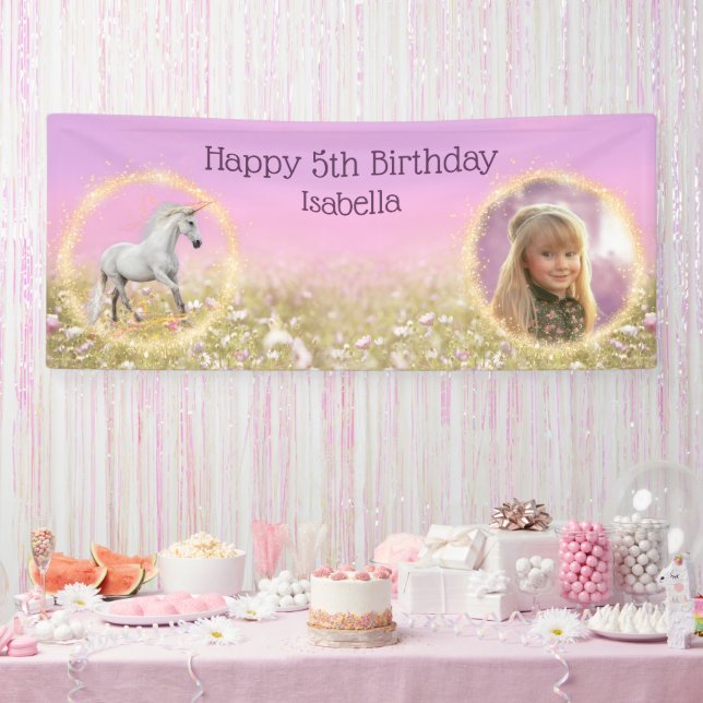 Unicorn Birthday Party Photo Name Age Template Banner (Party)