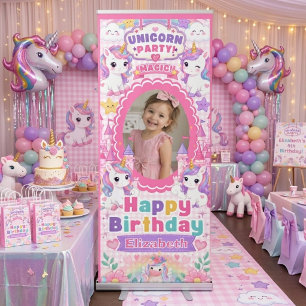 Unicorn Birthday Party Pink Pastel Custom Photo Retractable Banner