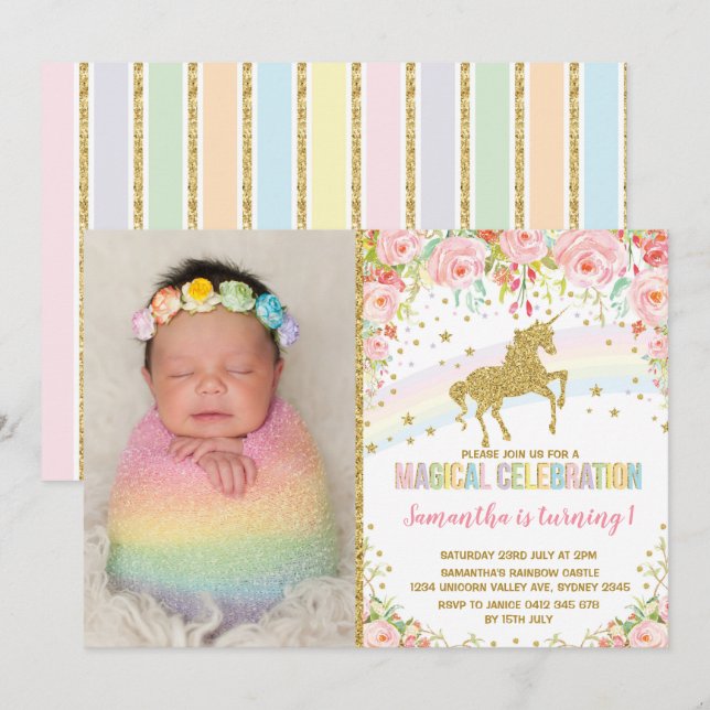 Unicorn Birthday Party Pink Roses Invitation (Front/Back)
