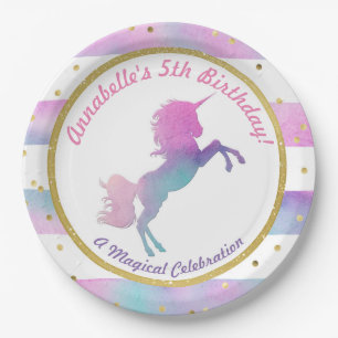 Unicorn Birthday Party Plate Watercolor Glitter