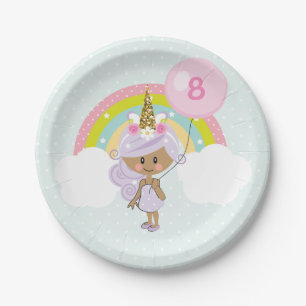 Unicorn Birthday Party Plates Dark Skin Tone