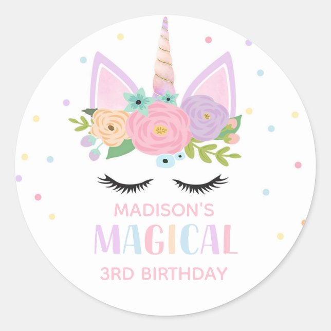 Unicorn Birthday Party Polka Dots Flowers Classic Round Sticker (Front)