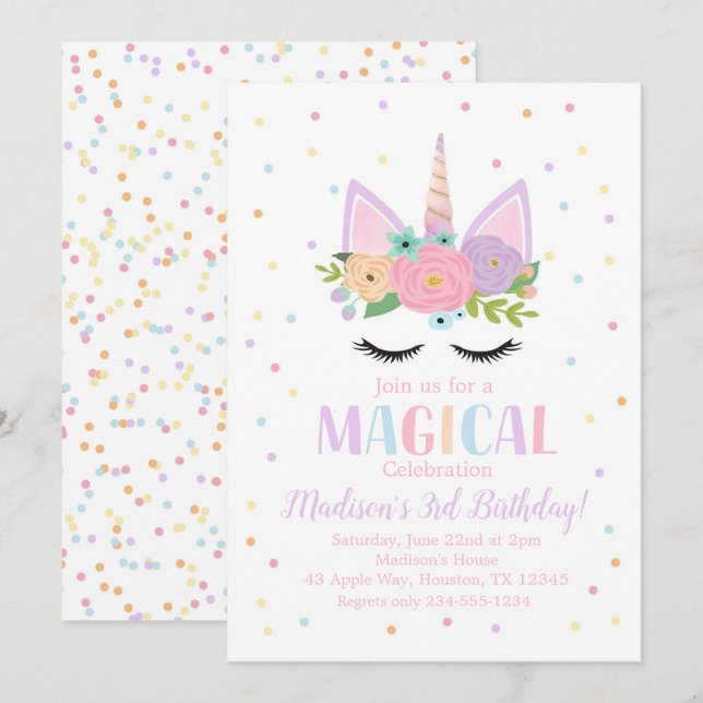Unicorn Birthday Party Polka Dots Flowers Invitation (Front/Back)