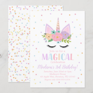 Unicorn Birthday Party Polka Dots Flowers Invitation