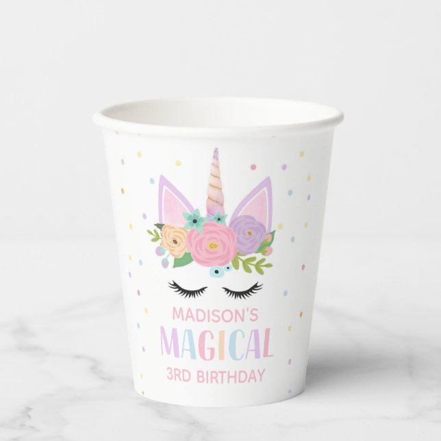 Unicorn Birthday Party Polka Dots Flowers Paper Cups (Front)