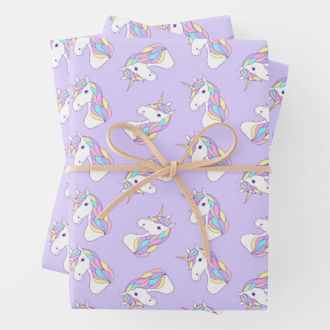 Unicorn Birthday Party Purple Wrapping Paper Sheet (In situ)