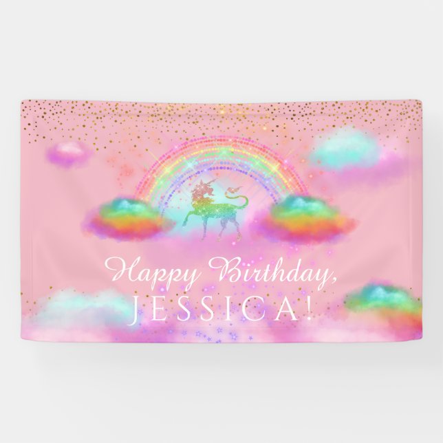 Unicorn Birthday Party Rainbow Clouds Pink Gold Banner (Horizontal)
