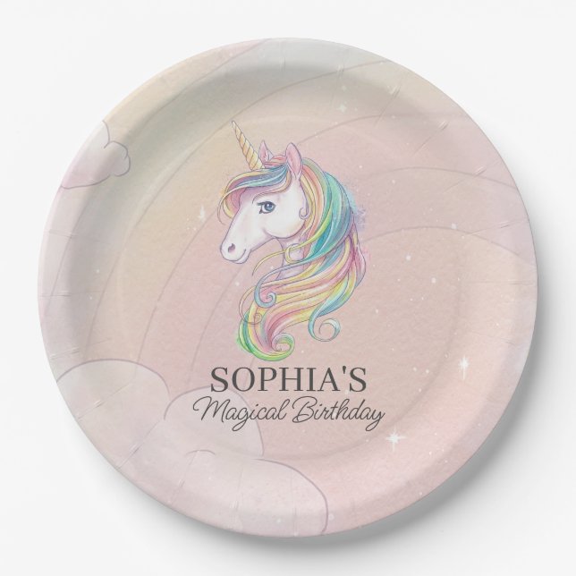 Unicorn birthday party rainbow party decor paper p paper plate (Front)