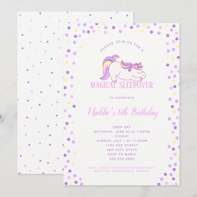Unicorn Birthday party sleepover invitation (Front/Back)