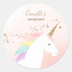 Unicorn birthday party sticker with name age