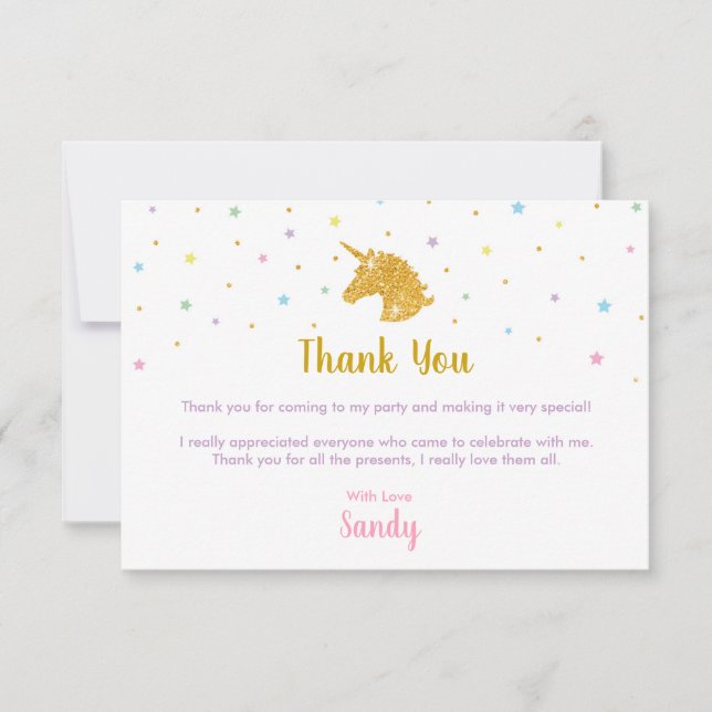Unicorn Birthday Party Thank You Card (Front)