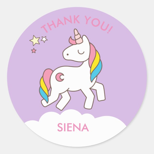 Unicorn Birthday Party Thank You Classic Round Sticker (Front)