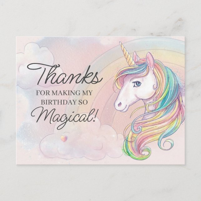 Unicorn birthday party thank you postcard (Front)
