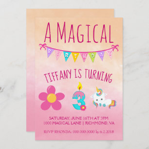 Unicorn Birthday Party Three Years Old Invitation