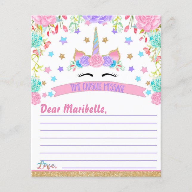 Unicorn Birthday Party Time Capsule Message (Front)