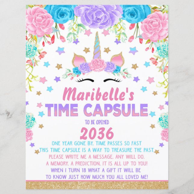 Unicorn Birthday Party Time Capsule Sign (Front)