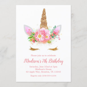 Unicorn Birthday Party Watercolor Flowers Invitation