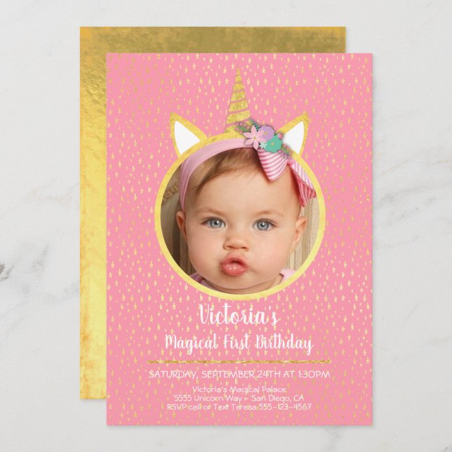 Unicorn Birthday Party with Photo Invitation (Front/Back)
