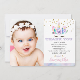 Unicorn Birthday Photo Flat Thank You Card