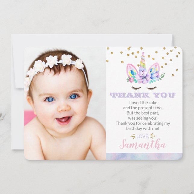 Unicorn Birthday Photo Flat Thank You Card (Front)