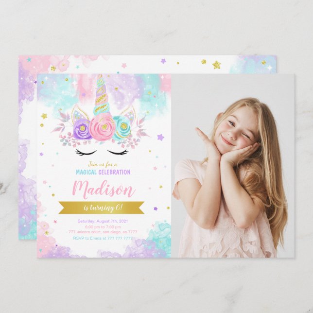 Unicorn Birthday Photo Invitation (Front/Back)