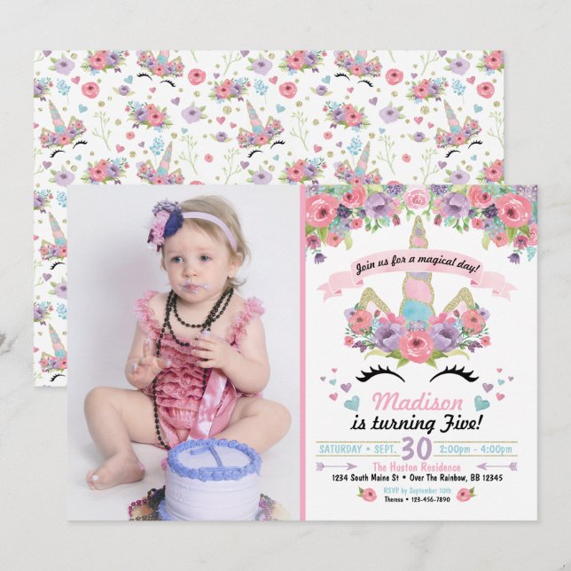 Unicorn Birthday Photo Invitation (Front/Back)