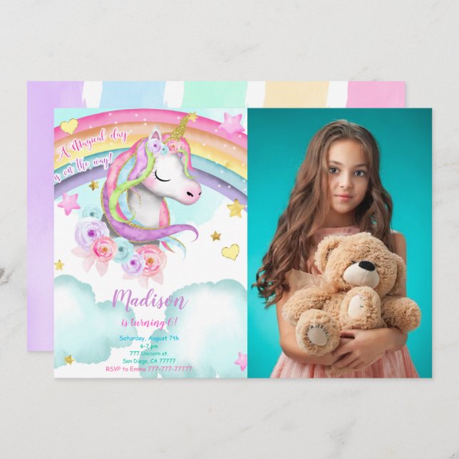 Unicorn Birthday Photo Invitation (Front/Back)