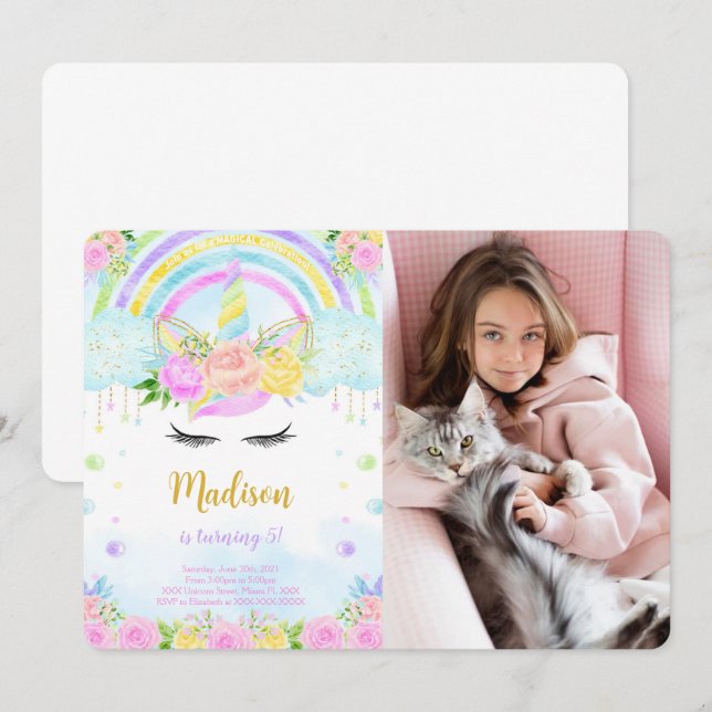 Unicorn Birthday Photo Invitations (Front/Back)
