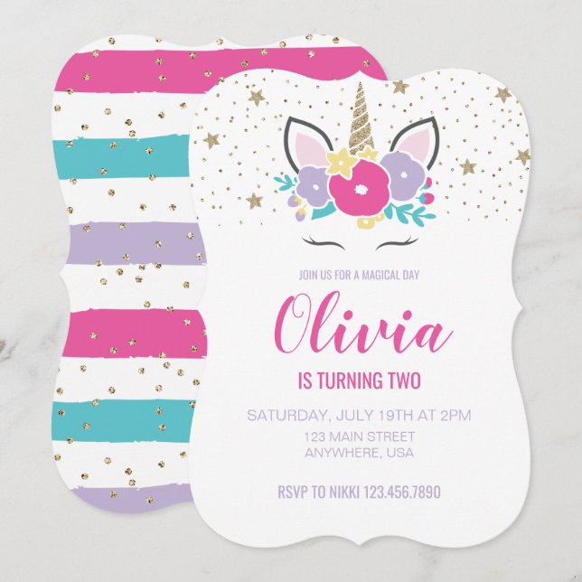 Unicorn Birthday Pink and Gold Glitter Invitation (Front/Back)