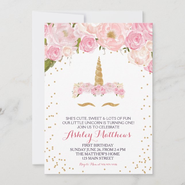 Unicorn birthday pink Beautiful Floral Invitation, Invitation (Front)
