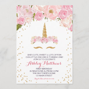 Unicorn birthday pink Beautiful Floral Invitation, Invitation